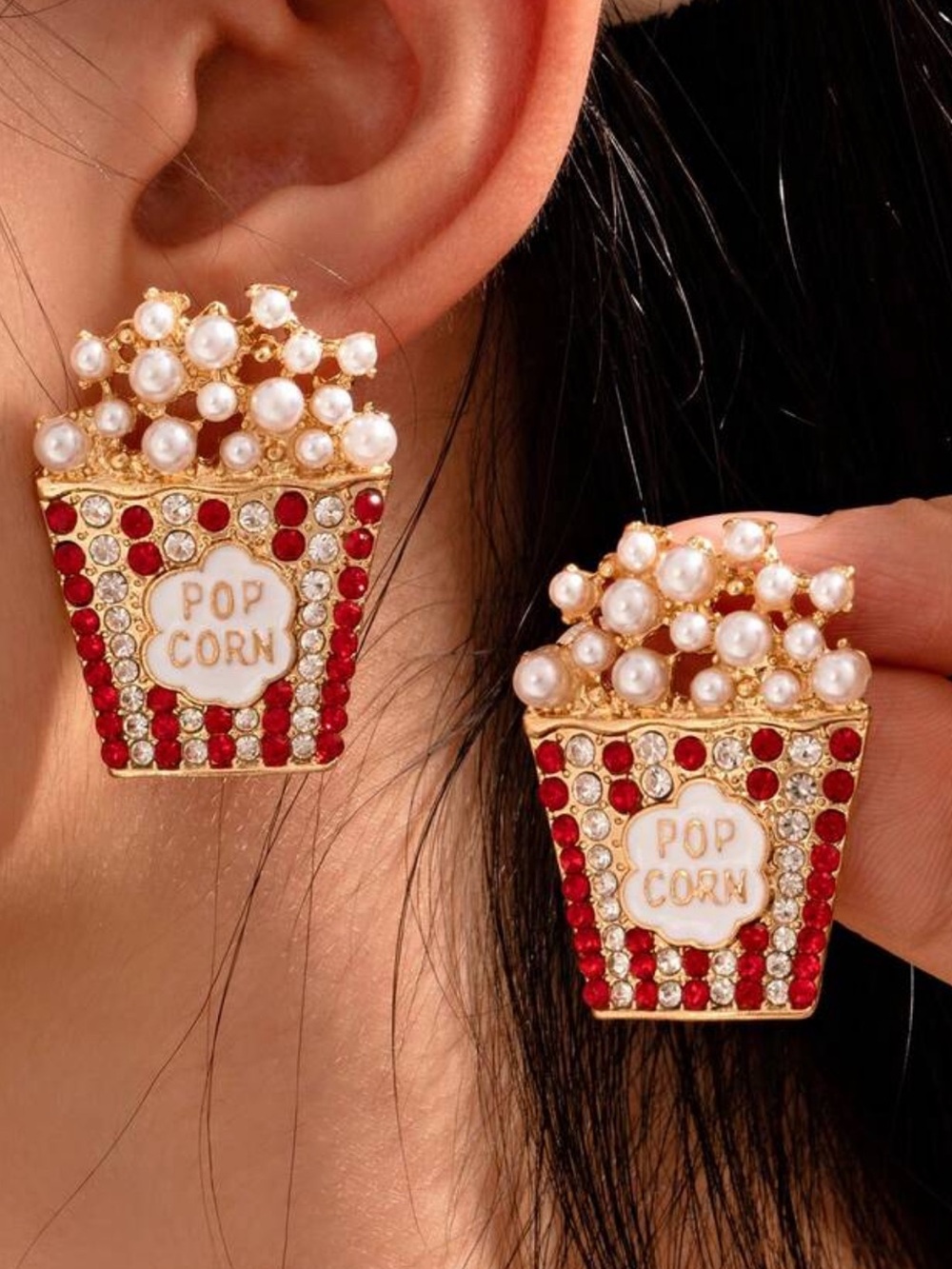 Red & Gold Popcorn Pearl Rhinestone Stud Earrings